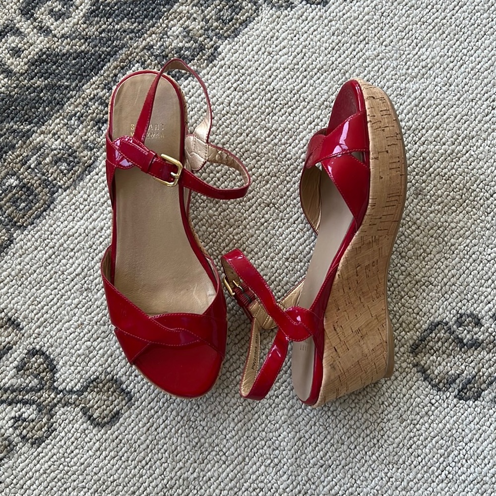 Stuart Weitzman red platform sandals with back strap